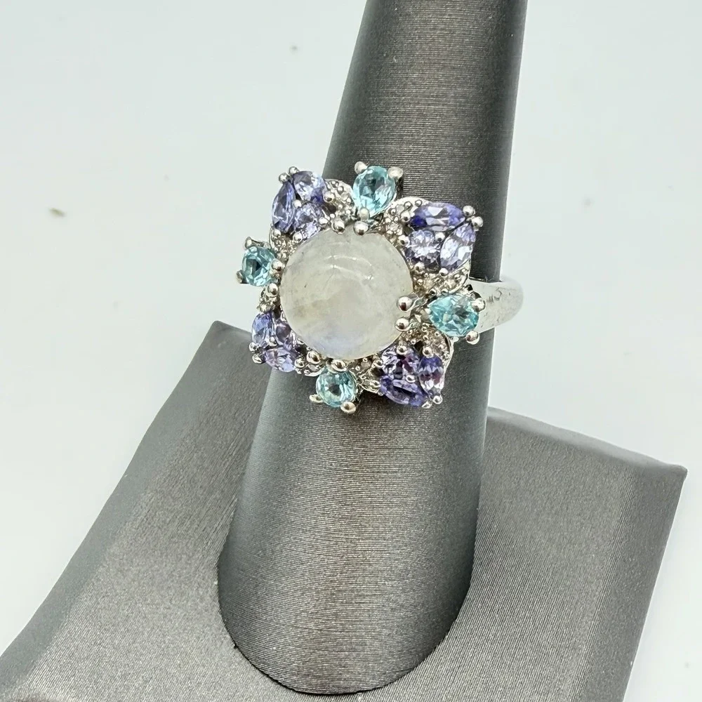 Vtg‎ STS Chuck Clemency Moonstone Multi Gemstone Ring Sterling Silver 6.5 Gr S7